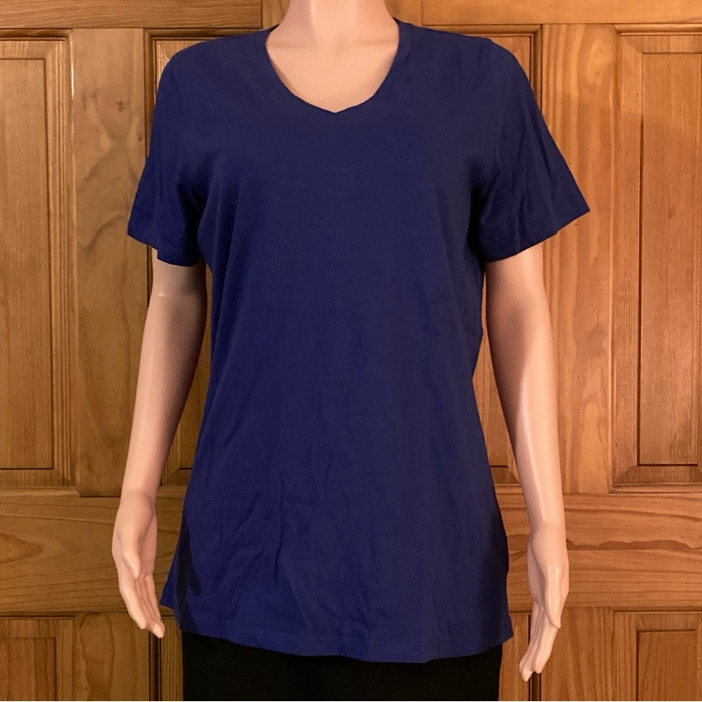 NWOT Woman Within Vintage 90s Top V Neck Short Sleeve Blouse Blue Size M 14/16